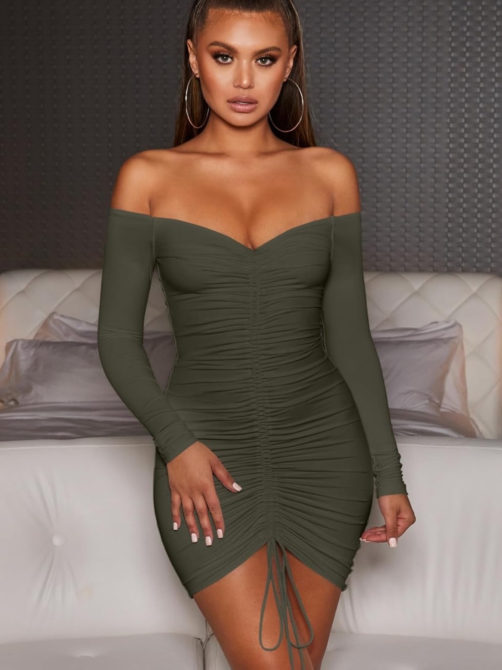 Women’s Long Sleeve Off The Shoulder Ruched Mini Dress
